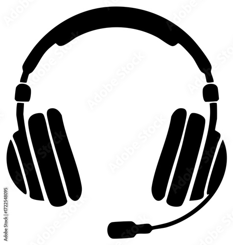 Gaming headset with microphone silhouette. Audio equipment vector icon for communication, streaming, and customer support.