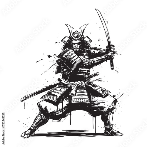 traditional Samurai with katana sword abstract brush sketch vector illustration