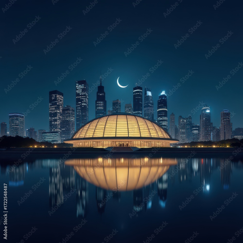 Fototapeta premium Illuminated dome with city skyline reflecting under crescent moonlight