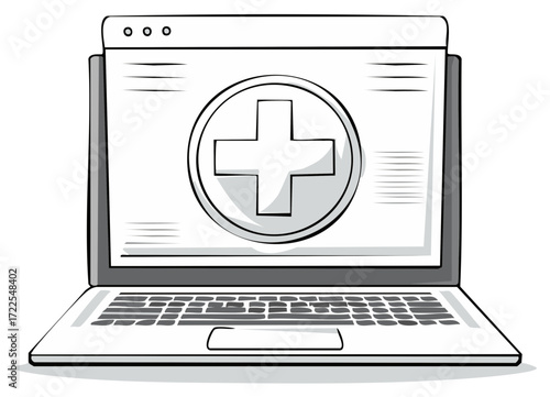 Laptop Computer Displaying Medical Cross Symbol for Healthcare Services and Telemedicine