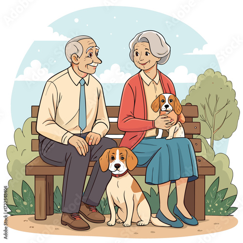 Vector art of senior couple enjoying a peaceful day on a park bench with their beagle dogs, creating lasting memories together in retirement, vector illustration