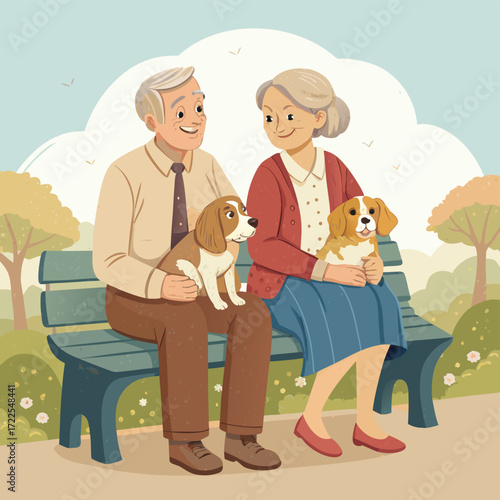 Vector art of senior couple on a park bench with beagle dogs, enjoying the golden years of retirement with love, companionship, and furry friends, vector art