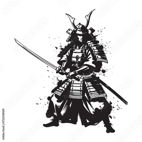 traditional Samurai with katana sword abstract brush sketch vector illustration