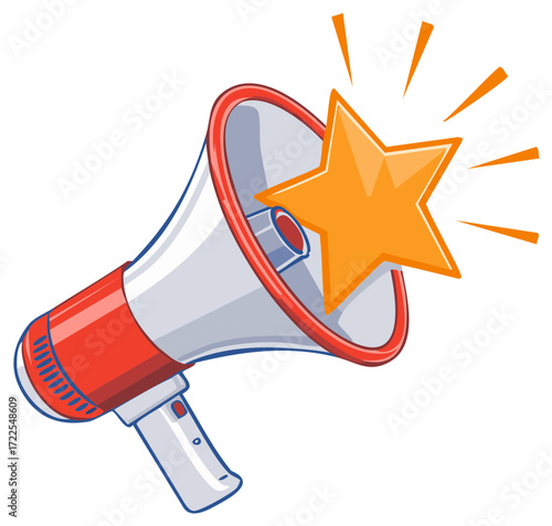 Loudspeaker Announcement: Red and White Megaphone with Orange Star Accent Icon