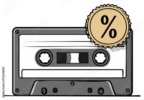 Cassette Tape with Percentage Tag Graphic Element Representing a Special Discount