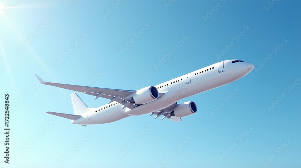 Obraz premium White airplane Passenger Aircraft Two Engine Airplane Corner View Low Angle Blue Sky