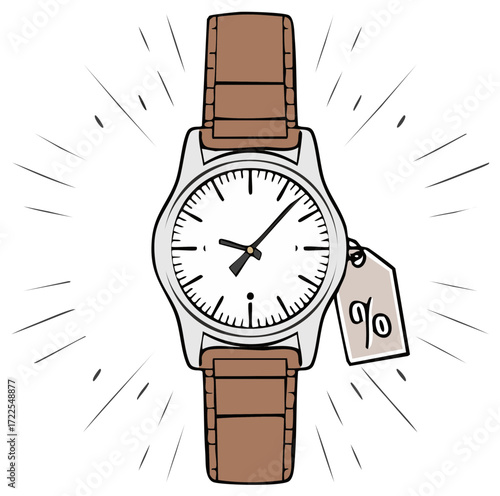 Hand drawn illustration of a wristwatch on sale with a percentage discount tag