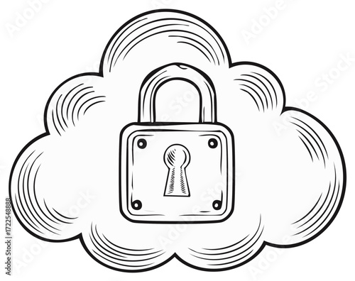 Hand-drawn padlock securing a fluffy cloud shape symbolizing data protection and digital safety