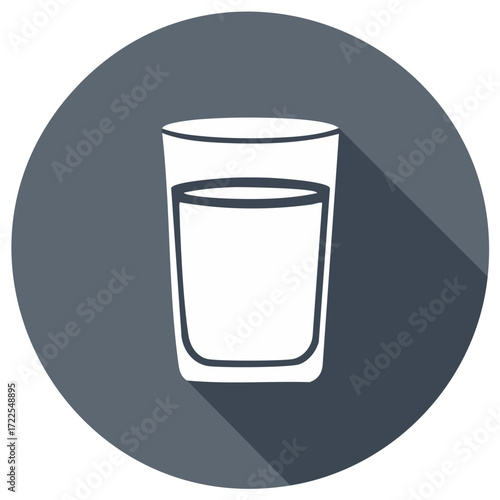 Flat design style icon of a drinking glass with water on a grey circle with a long shadow