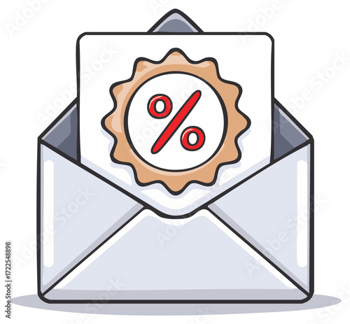 Cartoon illustration of a mail envelope with a percentage discount sign for a promotional offer