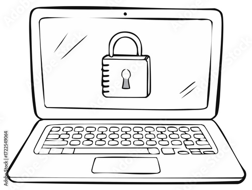 Laptop display shows a padlock symbol representing digital security and data protection