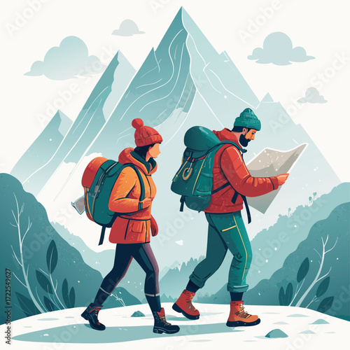 Vector art of a couple hiking through the mountains, using a map to navigate their outdoor adventure and enjoy the scenic landscape