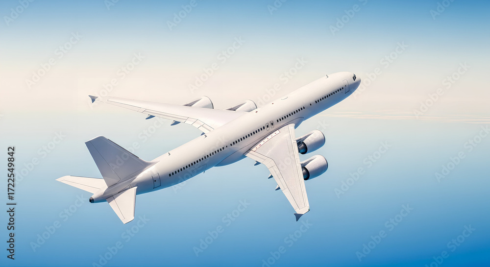 Obraz premium White Passenger Jet Plane Four Engine Corner Back View High Angle Flying Over Blue Sky