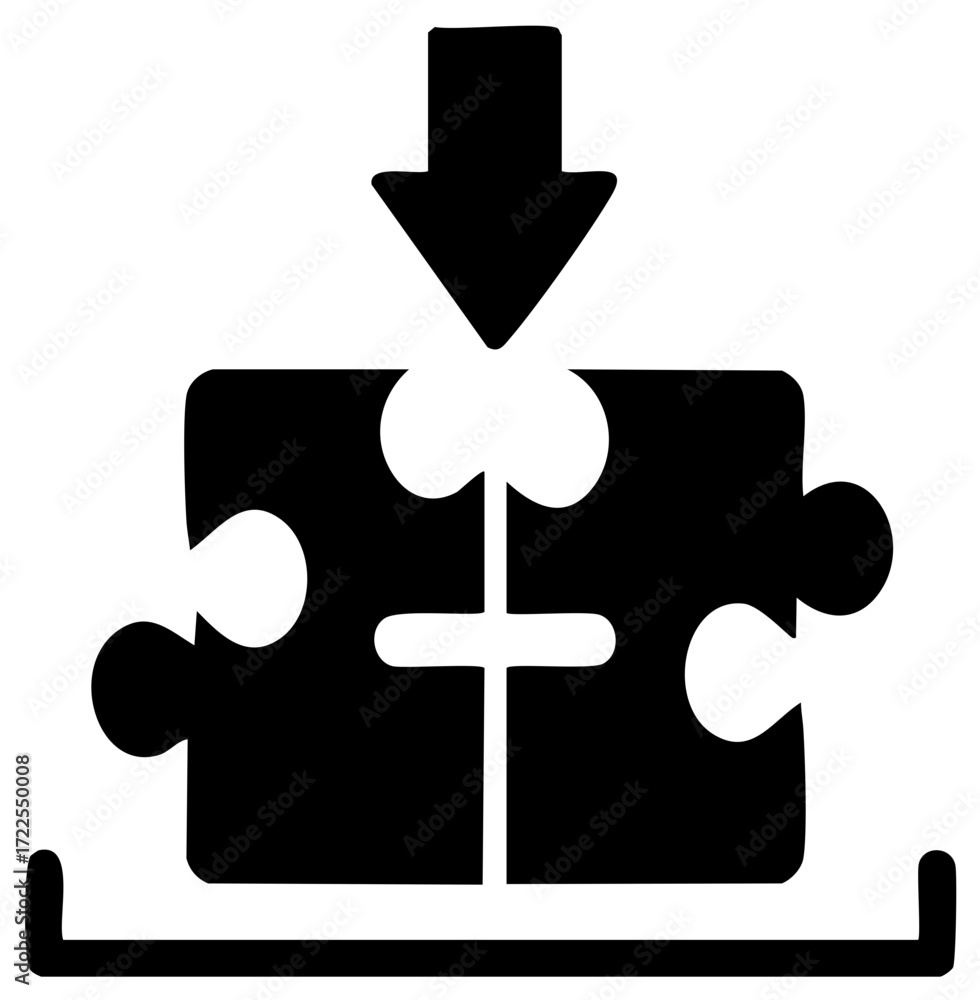 Fototapeta premium Puzzle Pieces Integration Symbol with Download Arrow in Black and White