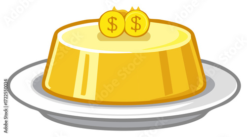 Pudding dessert with dollar sign coins on plate, food, financial, or economic theme