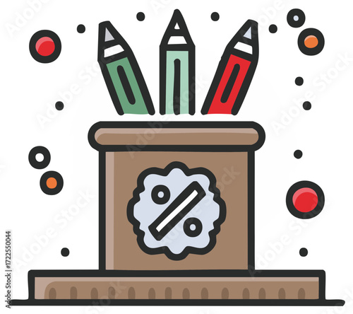 Creative writing tool with discount symbol promotion and colorful dots