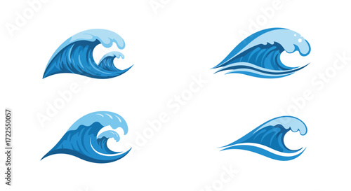Stylized blue ocean waves in various shapes and forms presented graphically