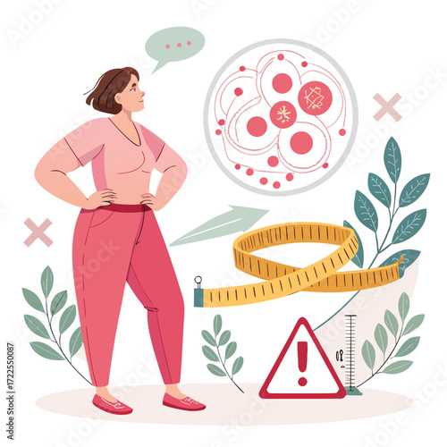 Vector art of a woman with diabetes stands with health indicators, emphasizing the importance of diabetes management, awareness, and the need for regular health checkups