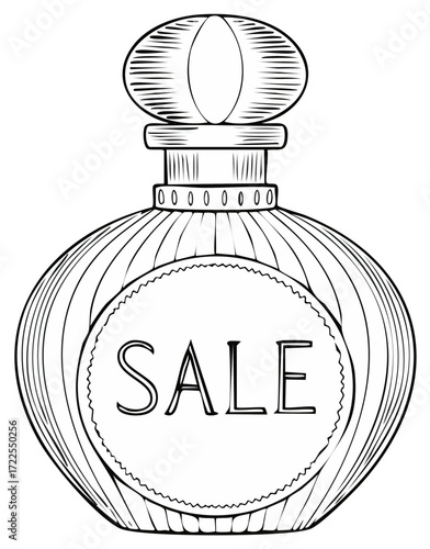 Elegant Perfume Bottle with Sale Tag Promotion, Outlined Illustration for Coloring Pages and Marketing Graphics