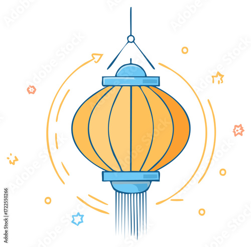 Vibrant orange and blue traditional Asian lantern illustration with festive decorative elements