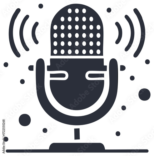 Graphic vector illustration of a vintage studio microphone broadcasting sound for a podcast or radio