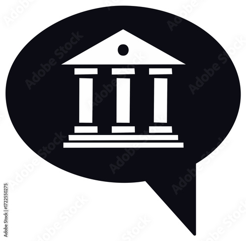Building in Speech Bubble Icon: Courthouse, Bank, Authority Communication Sign