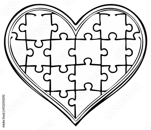Black and white line art heart puzzle illustration representing love connection and problem solving