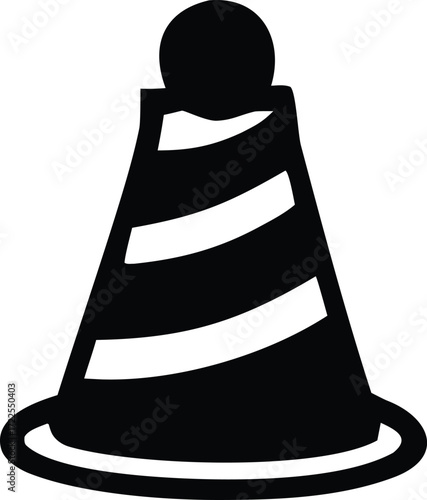 Simple black and white graphic of a lighthouse silhouette with stripes and circular base