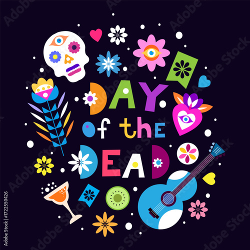 Dia de Los Muertos, Day of the Dead or Halloween background Sugar skulls, candle,  guitar, sombrero, marigold flowers, Сalavera la Catrina skeleton Vector illustration