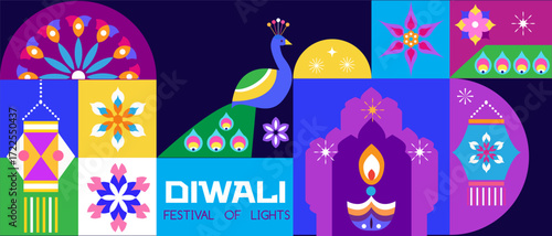 Traditional Indian festival Diwali. Happy Festival of lights Deepavali, peacock, rangoli Template  banner  Festive Burning diya background Vector abstract icon  illustration