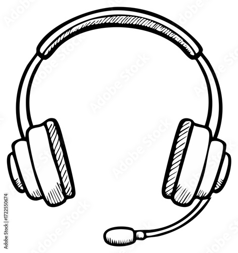 Headset sketch black and white, headphones illustration with microphone, customer service equipment