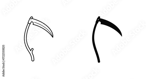 Two depictions of a grim reaper s scythe simple black and white outline
