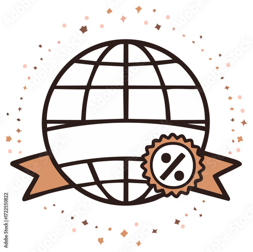 World globe with percentage sale symbol and banner with scattered stars.