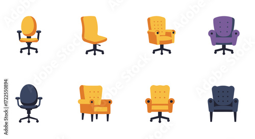 Collection of colorful office chairs in various styles and designs
