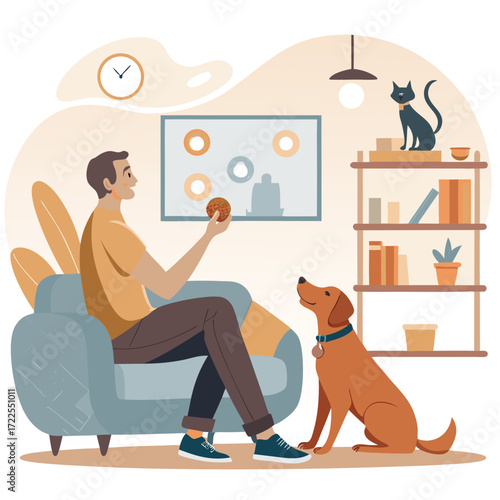 Vector art of a man is sitting in a chair playing with his dog while a cat sits on a shelf in the background in a cozy living room with warm lighting
