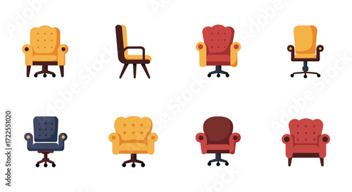 Variety of colorful armchairs and chairs in a flat design style