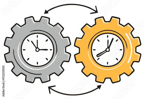 Interlocked clock gears rotate in a perpetual motion concept idea