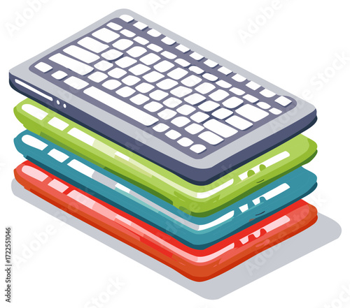 Colorful Stack of Electronic Devices Featuring Keyboards Tablets and Phone Cases