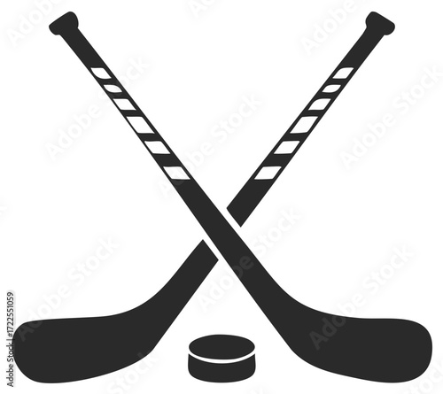 Crossed Hockey Sticks and Puck, Sporting Equipment, Silhouette Style, Ice Hockey Theme, Hockey Team, Player, Match, Competition