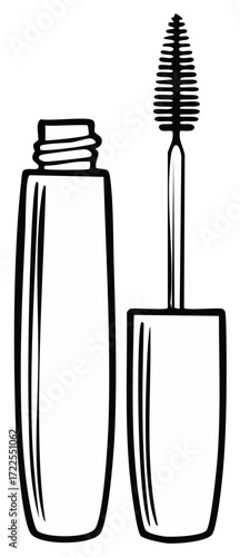 Cosmetic Mascara Wand and Tube Illustration in Black Outline For Beauty Products and Eyelash Enhancement