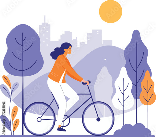 Vector art of a woman is riding a bicycle in the park with the city skyline in the background, enjoying the fresh air and exercise on a sunny day
