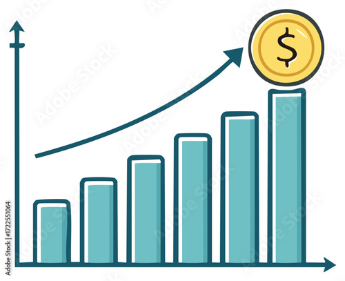 Upward trend bar chart with arrow pointing to a dollar coin representing financial success and profit