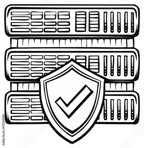 Server racks with shield and check mark representing security and protection concept