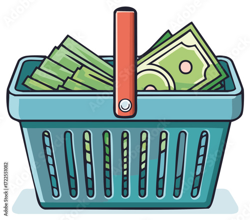 Shopping basket filled with paper currency indicating purchasing power or financial abundance