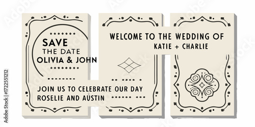 Elegant wedding invitation set featuring save the date and welcome messages with decorative borders and text