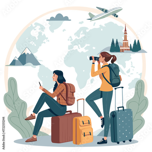 Vector art of two women are traveling the world, one is sitting on a suitcase using her phone, the other is standing on a rock looking through binoculars