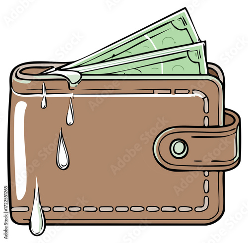 Brown Leather Wallet Overflows with Cash with Illustration of Dripping Water
