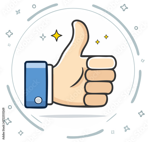 Hand giving a thumbs up gesture with sparkles and circular accents