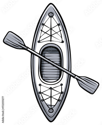 Top view cartoon illustration of a single kayak boat with a double bladed paddle for watersports and recreation