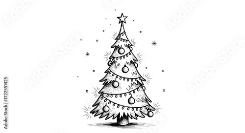 A handdrawn sketch of a decorated christmas tree with ornaments and lights, isolated on a white background